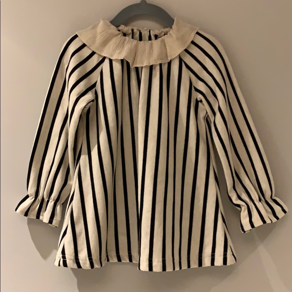 Black and Ecru Striped Ruffle Collar Top